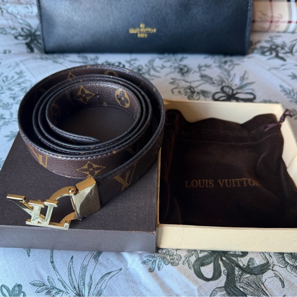 Designer Brown Monogram Belt with Gold Buckle - Picture 2 of 9